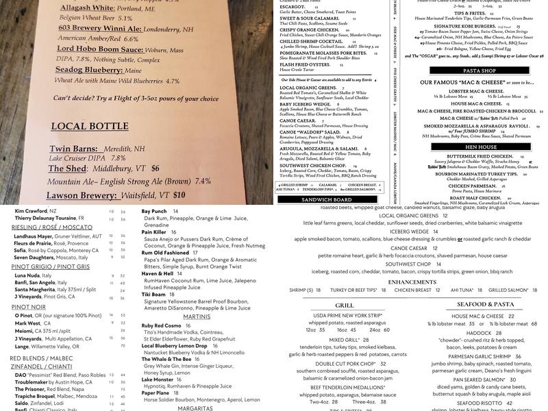 Canoe Restaurant & Tavern Menu