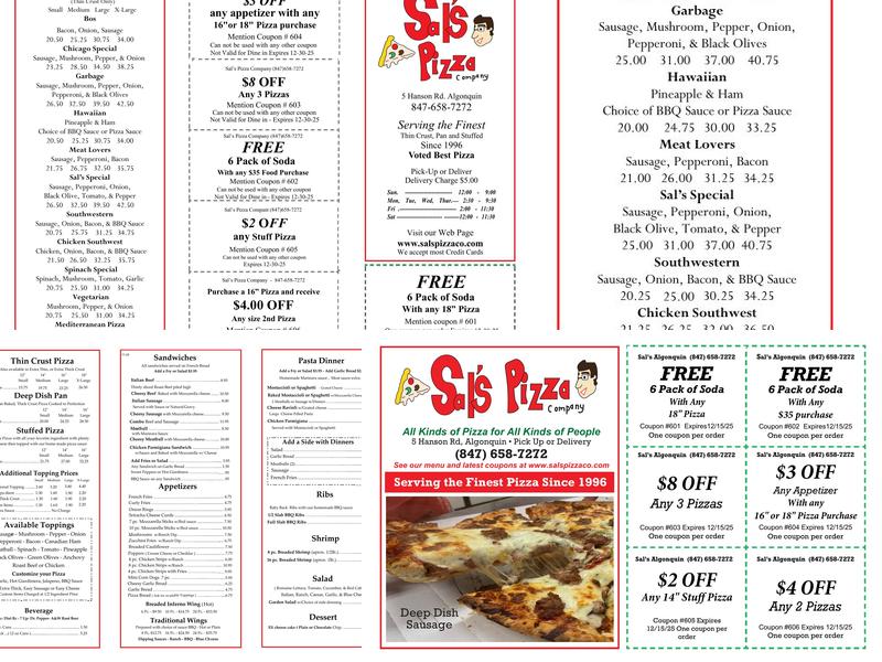 Sal's Pizza Company Menu