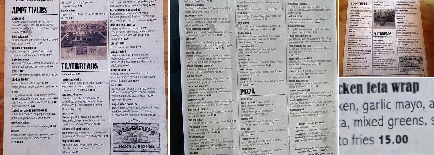 Ellacoya Barn & Grille Menu