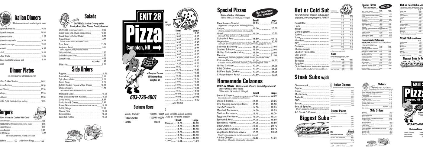 Exit 28 Pizza Menu