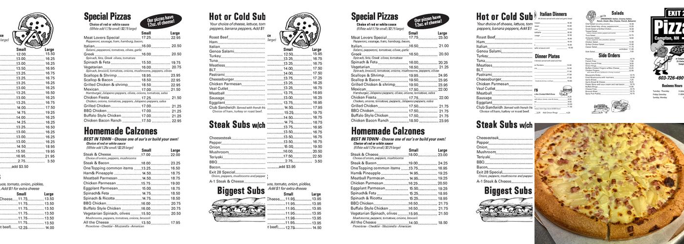 Exit 28 Pizza Menu