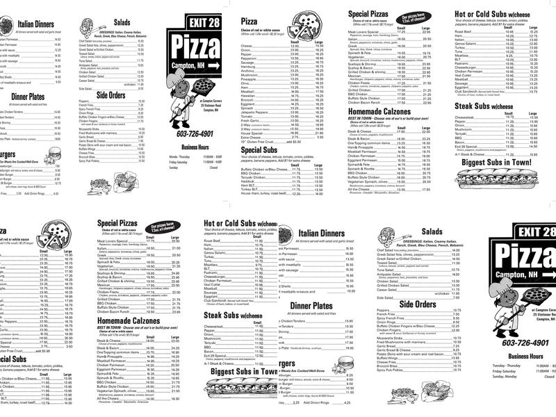 Exit 28 Pizza Menu