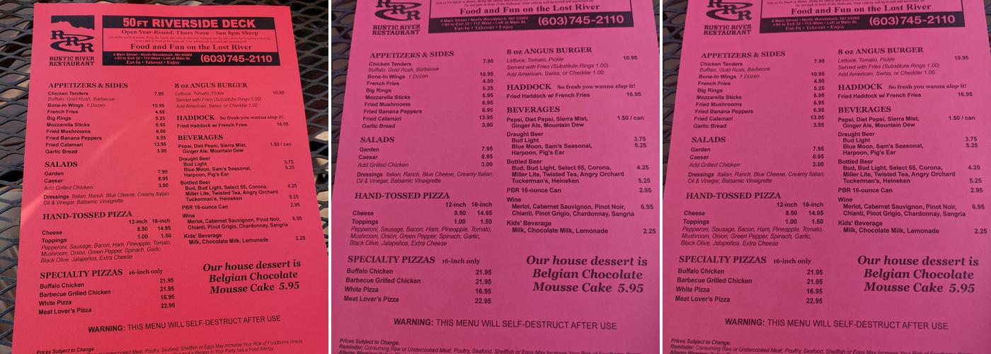 Rustic River Restaurant Menu