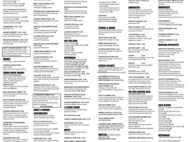 Andy's Restaurant Menu