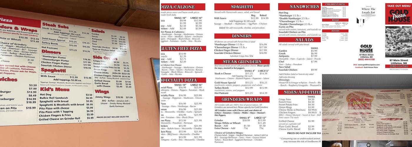 Gold House Pizza Menu