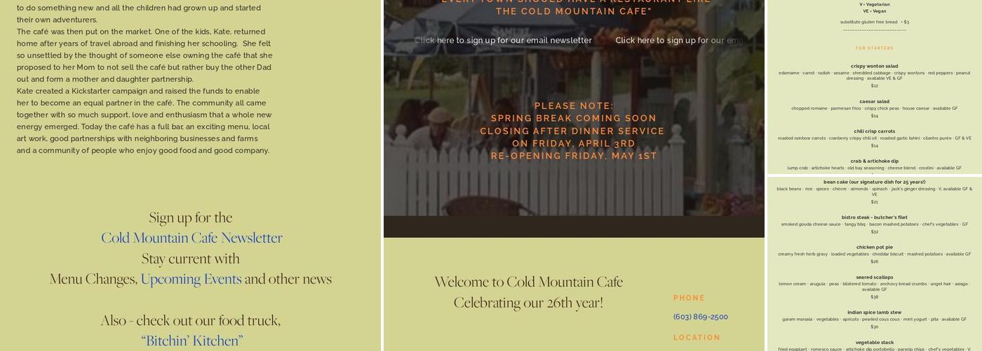 Cold Mountain Cafe Menu