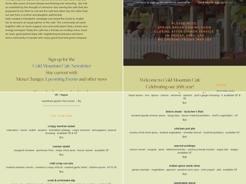 Cold Mountain Cafe Menu