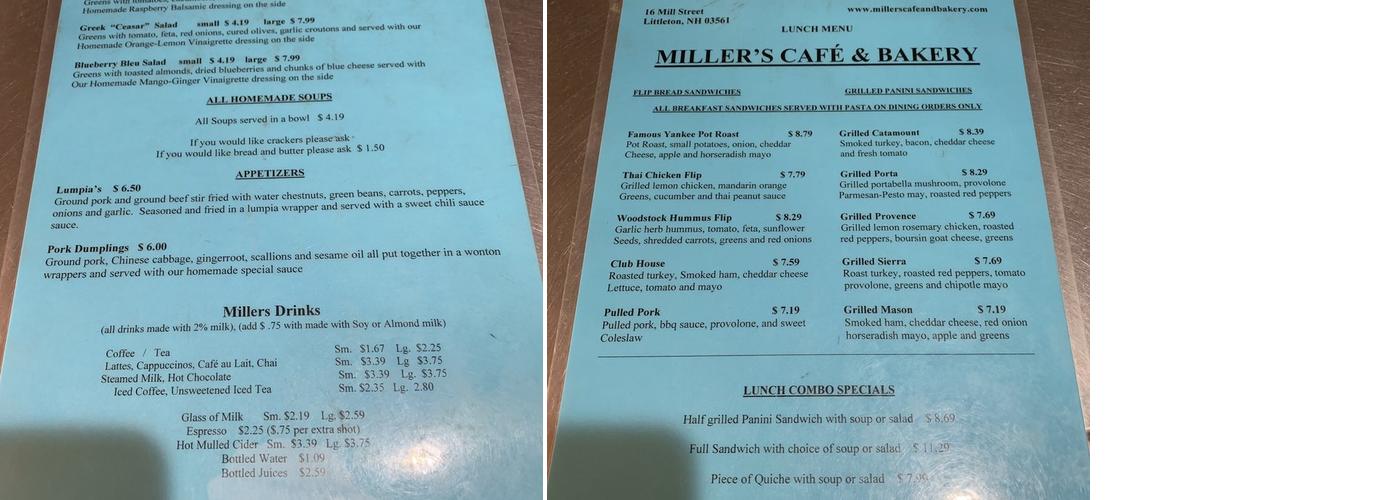 Miller's Cafe & Bakery Menu
