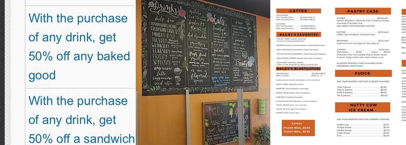 Bailey's Coffeehouse and Fudge Shop Menu