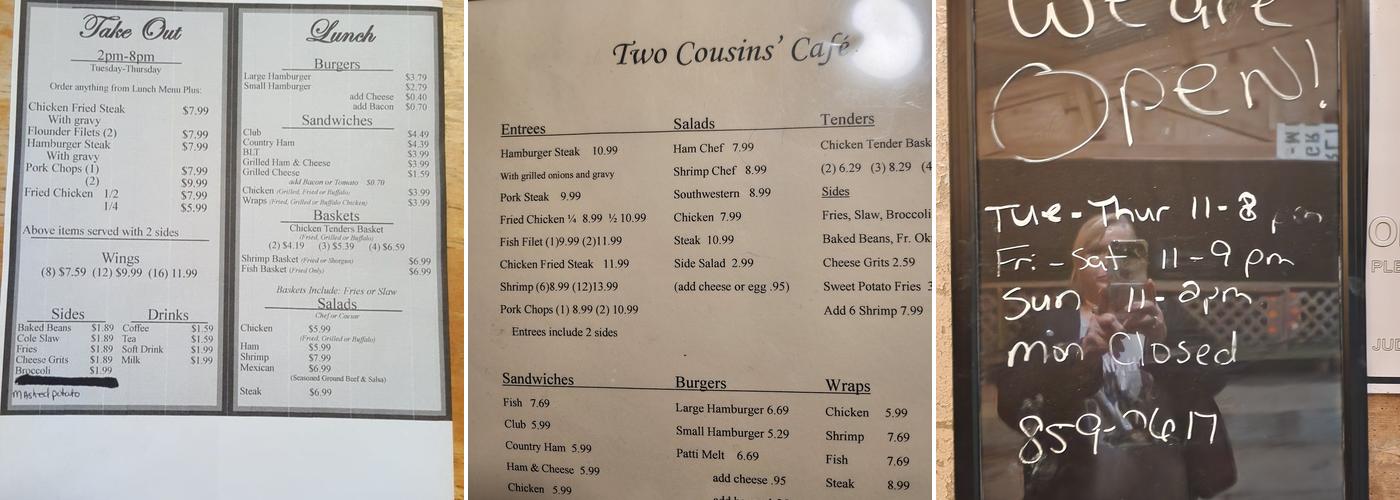 Two Cousins Cafe Menu