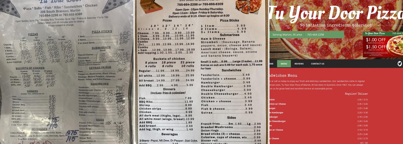 Tu Your Door Pizza Menu