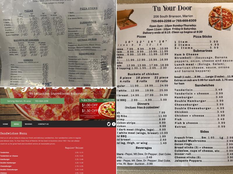 Tu Your Door Pizza Menu