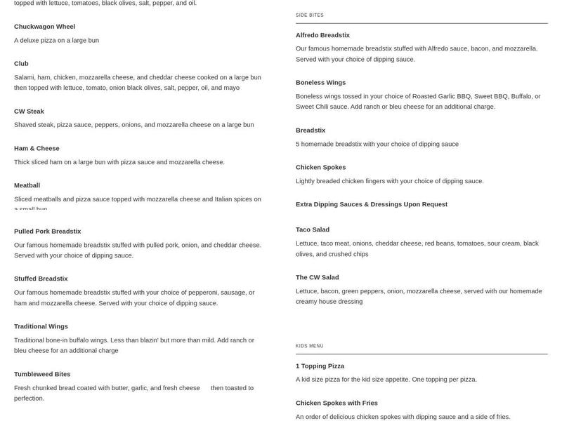 Chuckwagon Pizza Menu