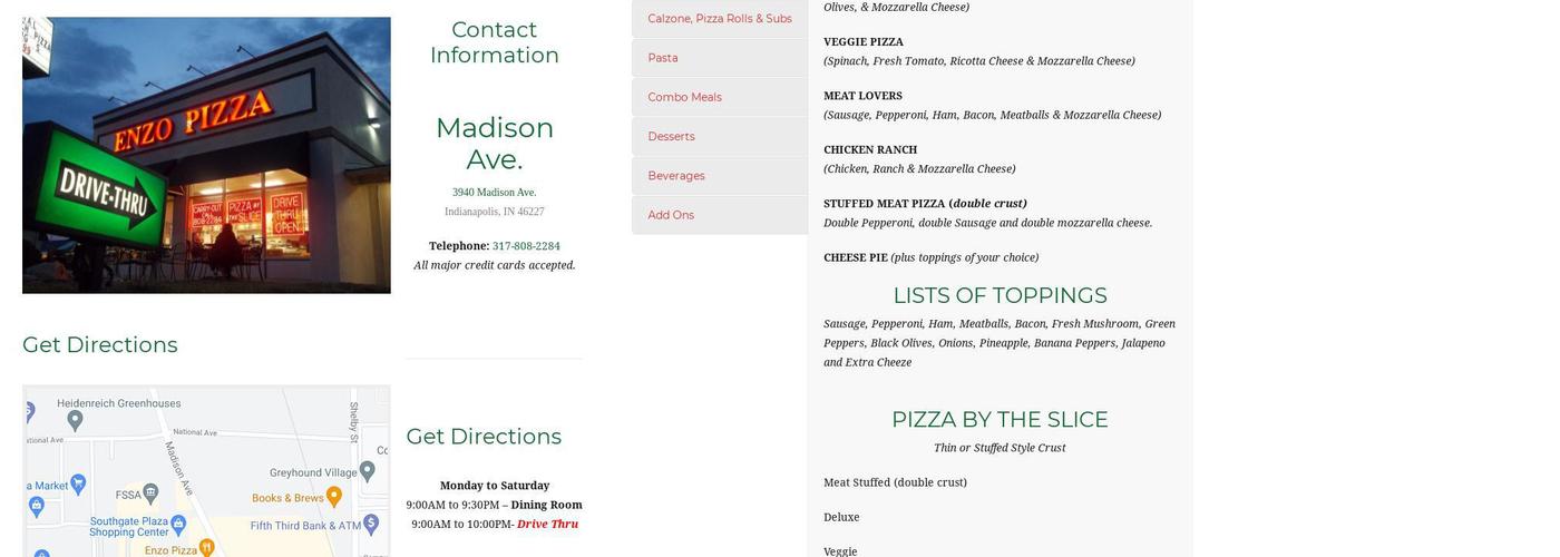 Enzo Pizza Menu