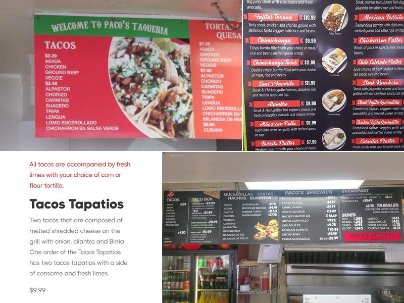 Paco's Taqueria Menu