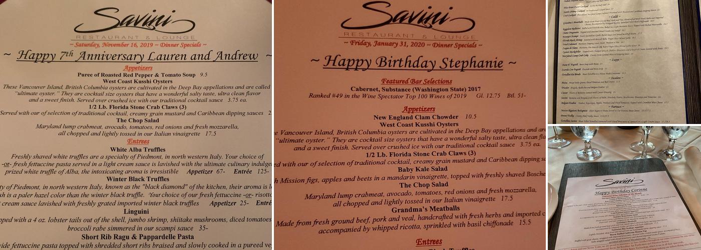 Savini Restaurant Menu