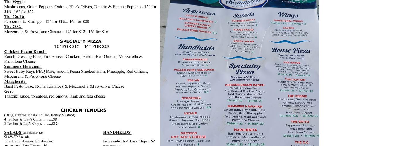 Summers On The River Menu