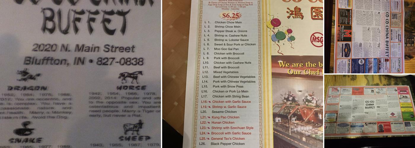 Coco China Buffet Menu