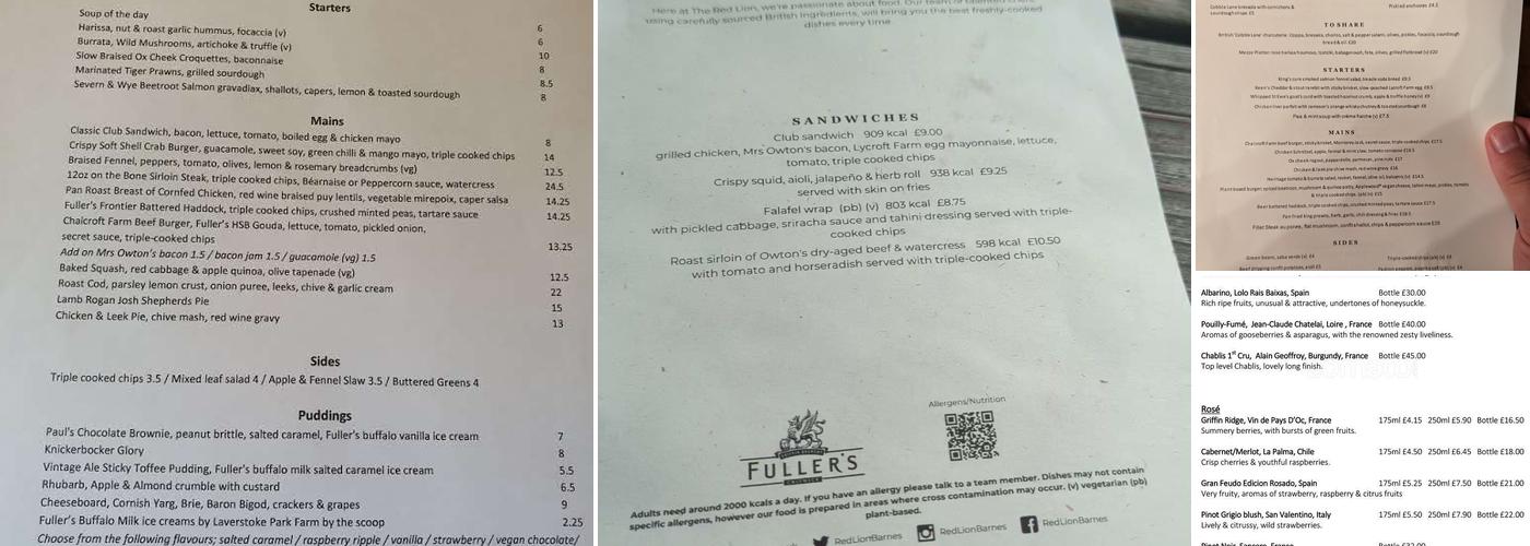 The Red Lion, Barnes Menu
