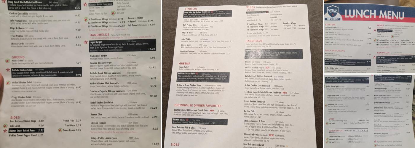 Samuel Adams Brewhouse Menu
