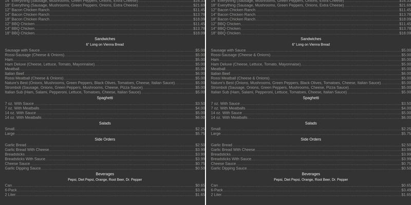 Rossini Carry-Out Menu