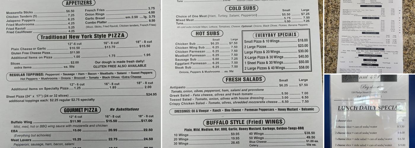 Giovanni's The Big Cheese Menu