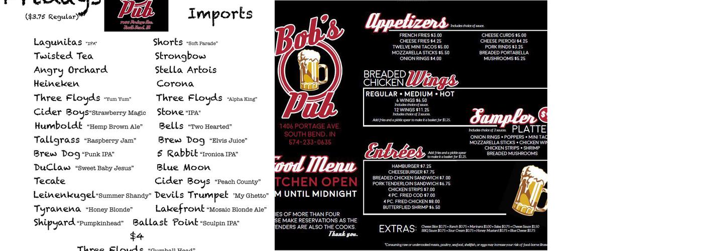 Bob's Pub Menu