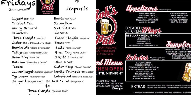 Bob's Pub Menu