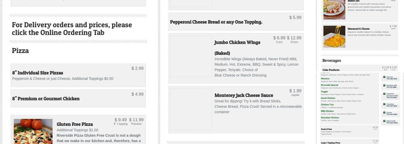 Riverside Pizza Menu