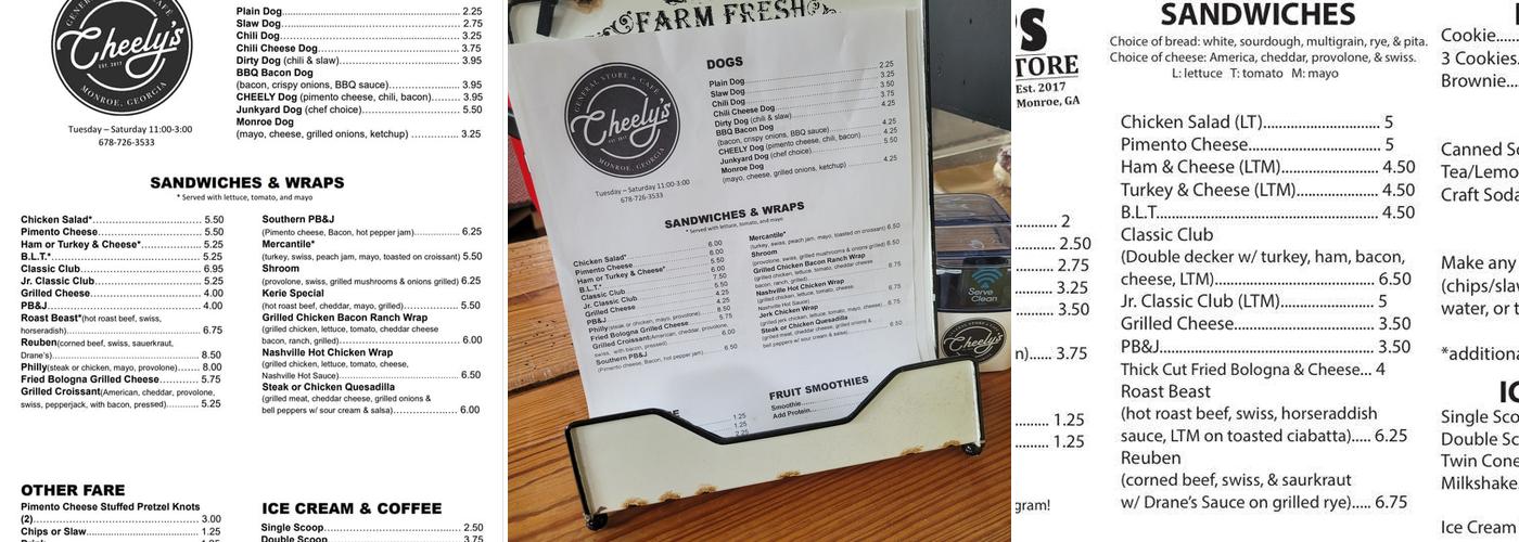 Cheely's General Store Menu