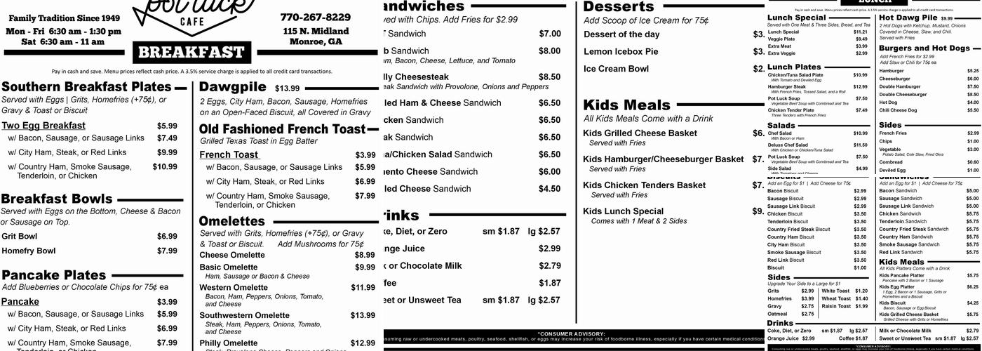 Pot Luck Cafe Menu