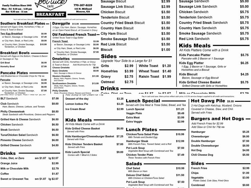 Pot Luck Cafe Menu