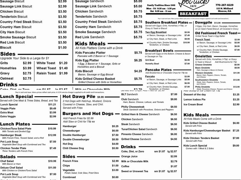Pot Luck Cafe Menu
