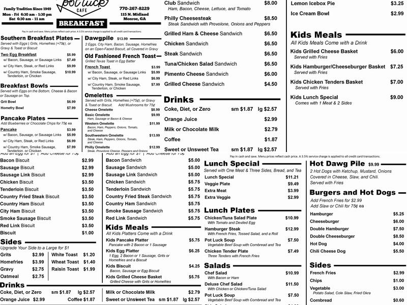 Pot Luck Cafe Menu