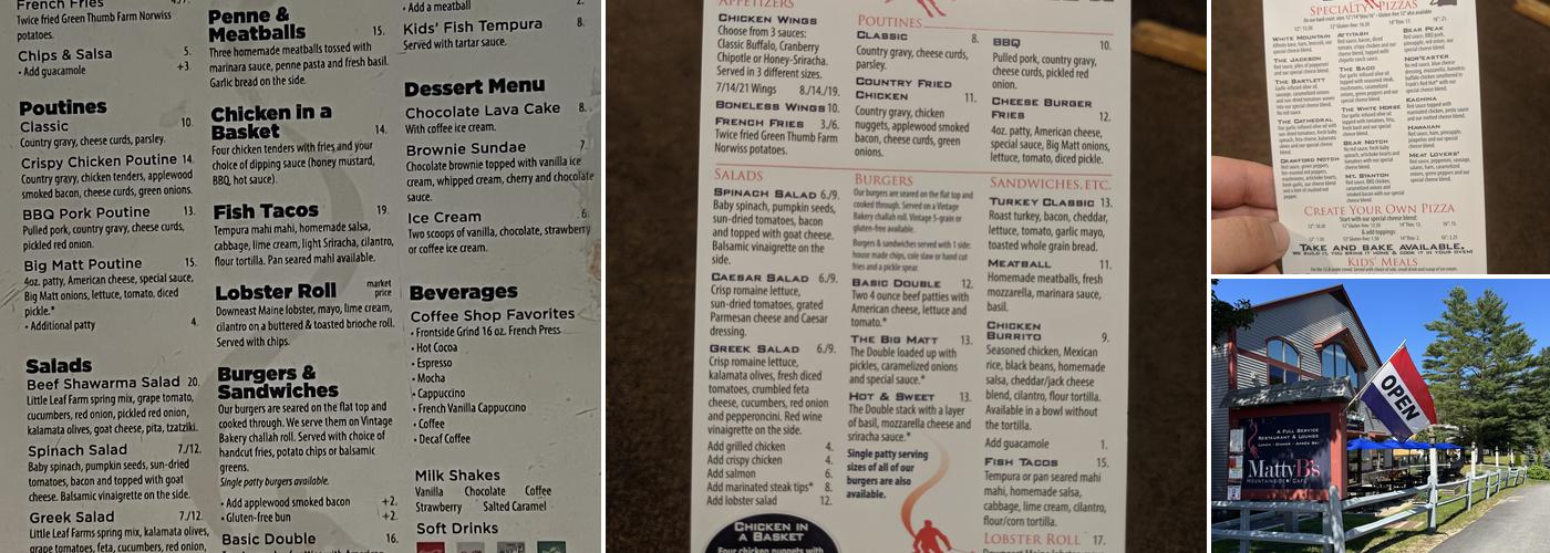 Matty B's Mountainside Cafe Menu