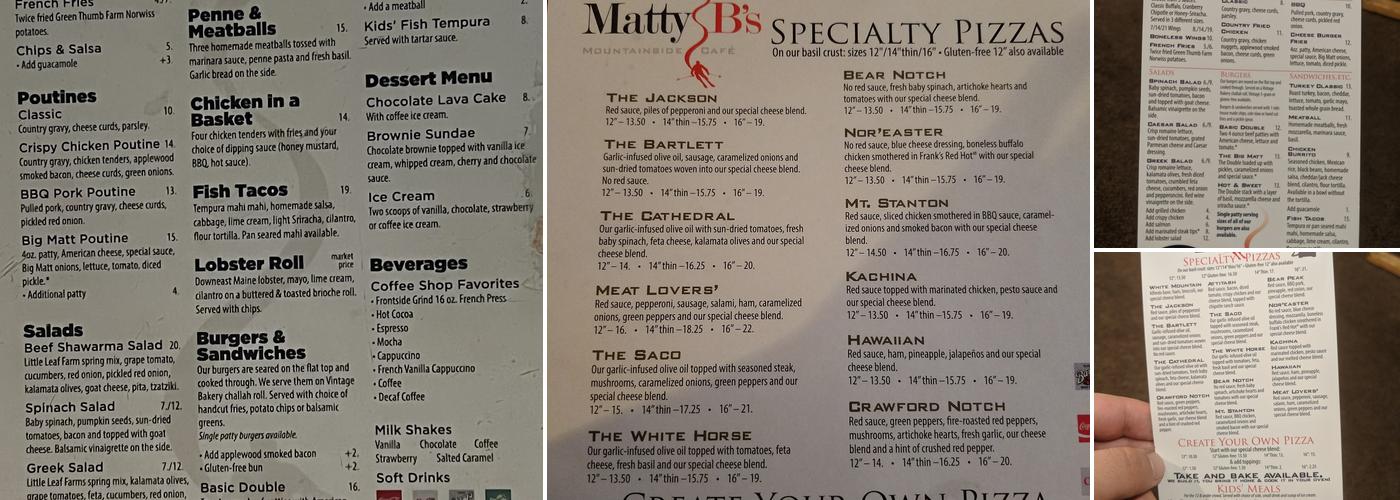Matty B's Mountainside Cafe Menu