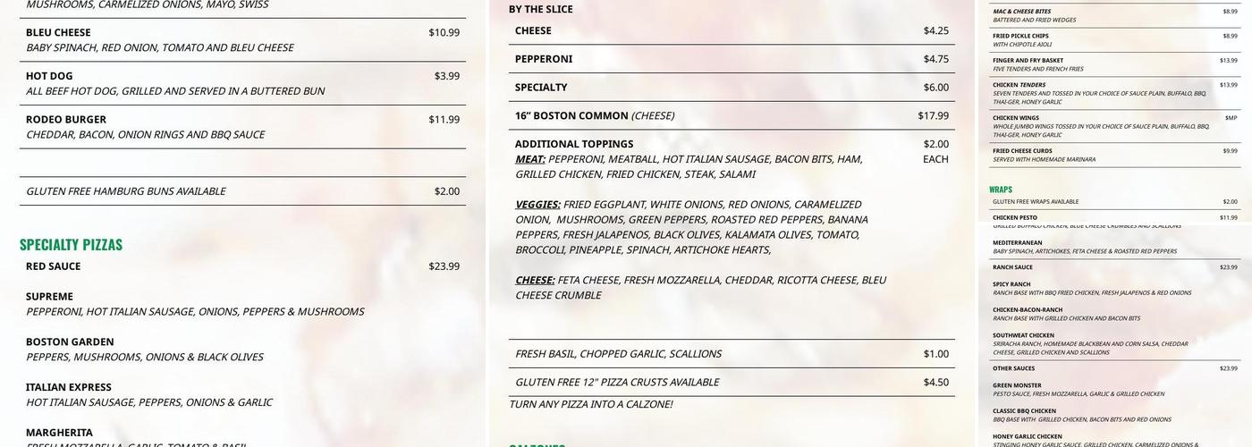 Boston Brothers Pizzeria Menu