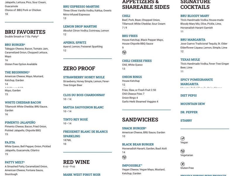BRU Burger Bar - Carmel Menu
