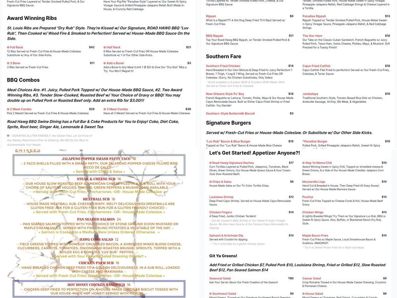 Road Hawg BBQ Swine Dining Menu