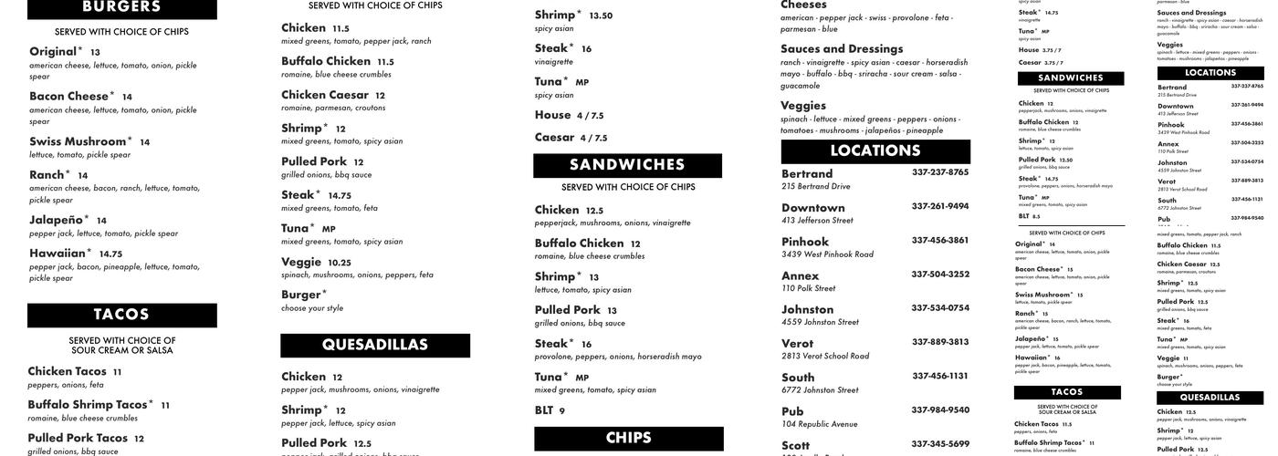 Legends Pinhook Menu