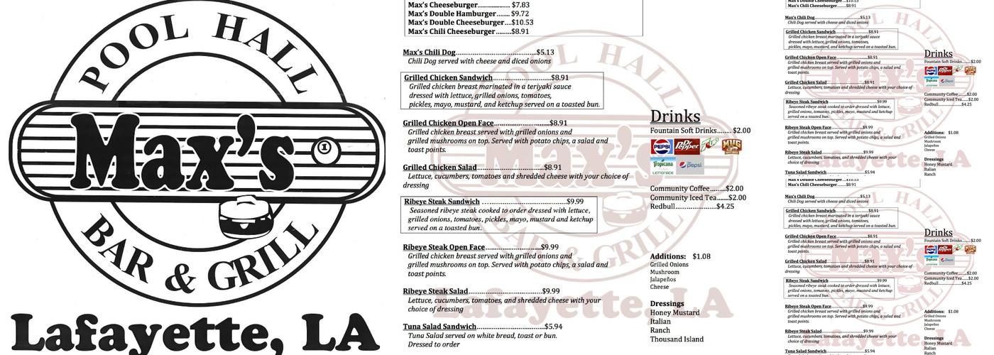 Max's Pool Hall Menu