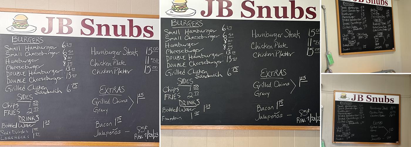JB Snubs Menu
