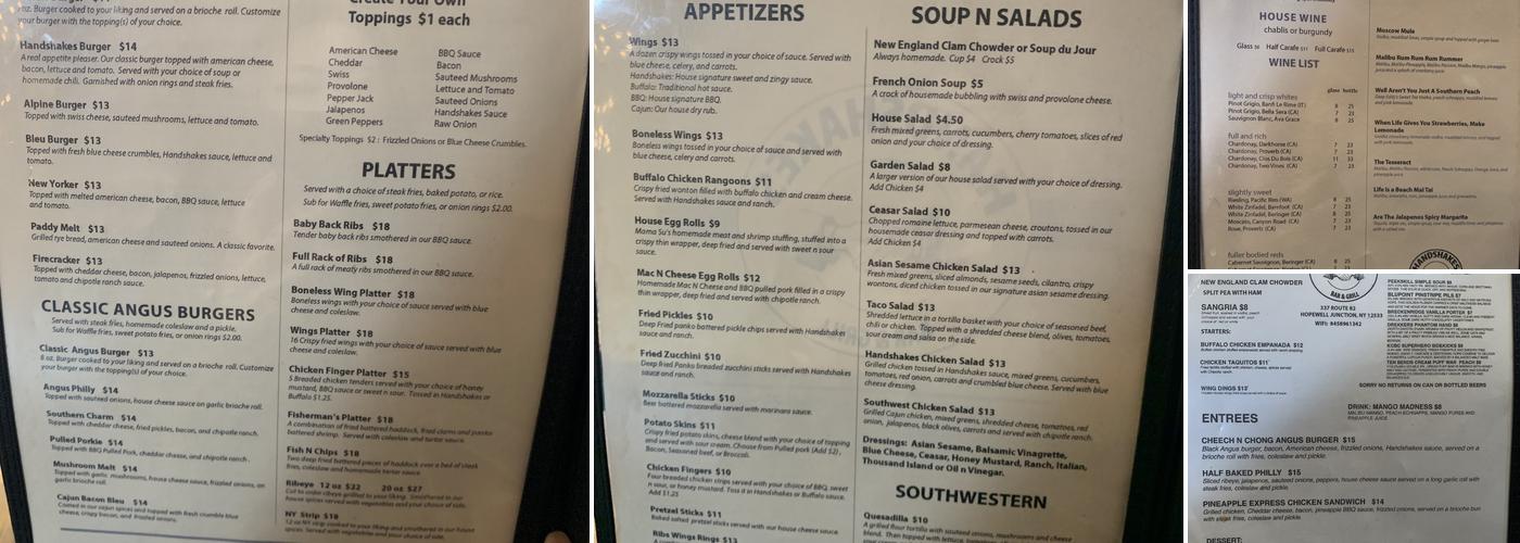 Handshakes Bar & Grill Menu