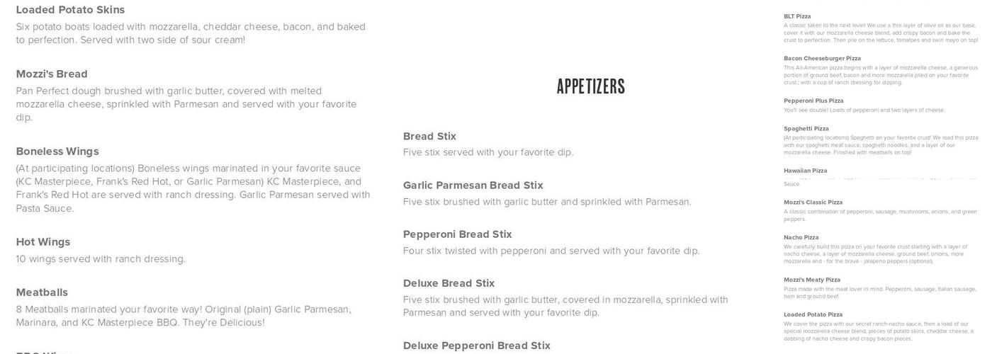 Mozzi's Pizza Menu