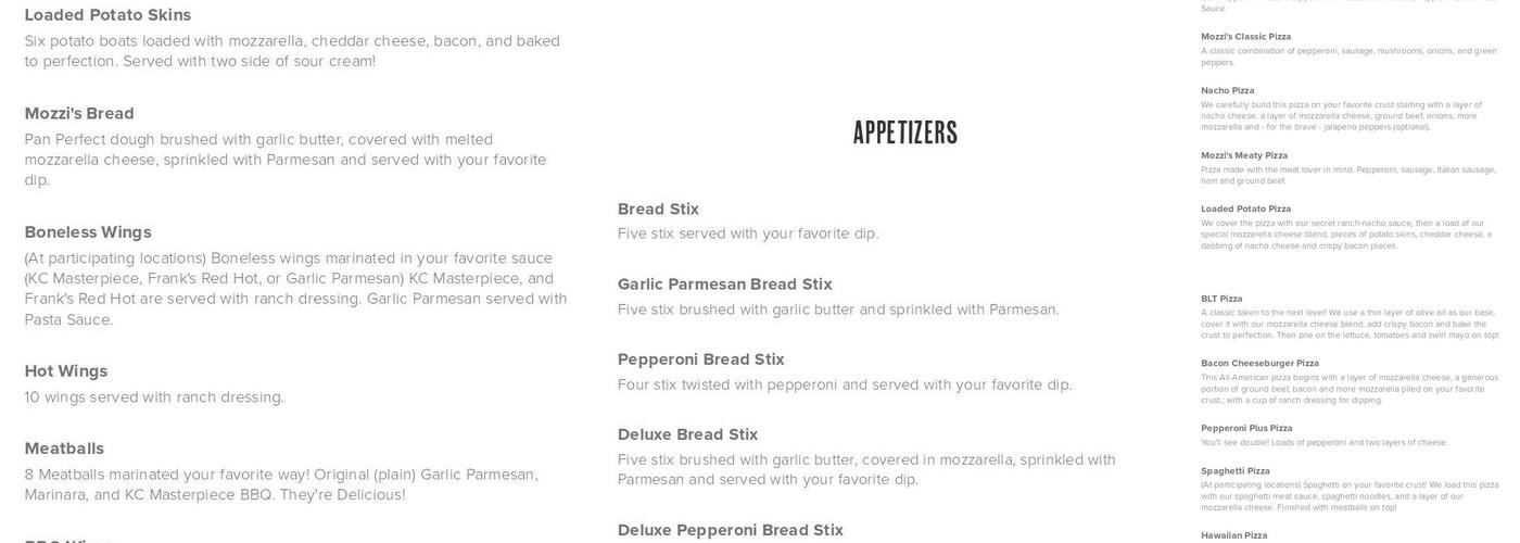 Mozzi's Pizza Menu