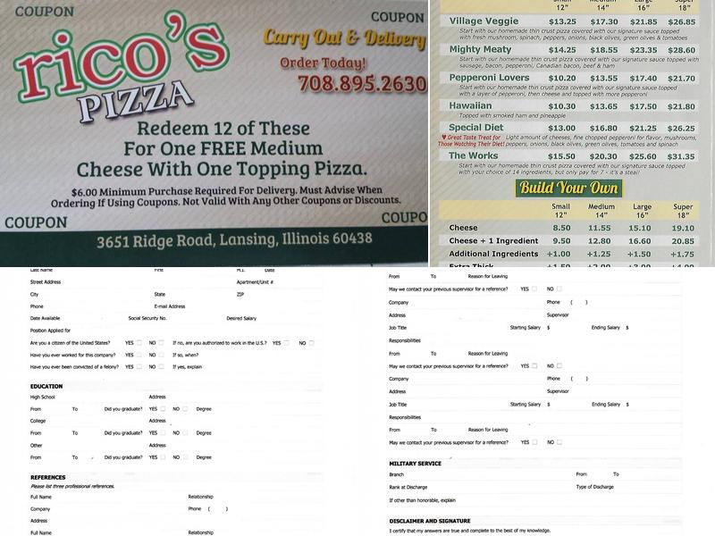 rico's Pizza Menu