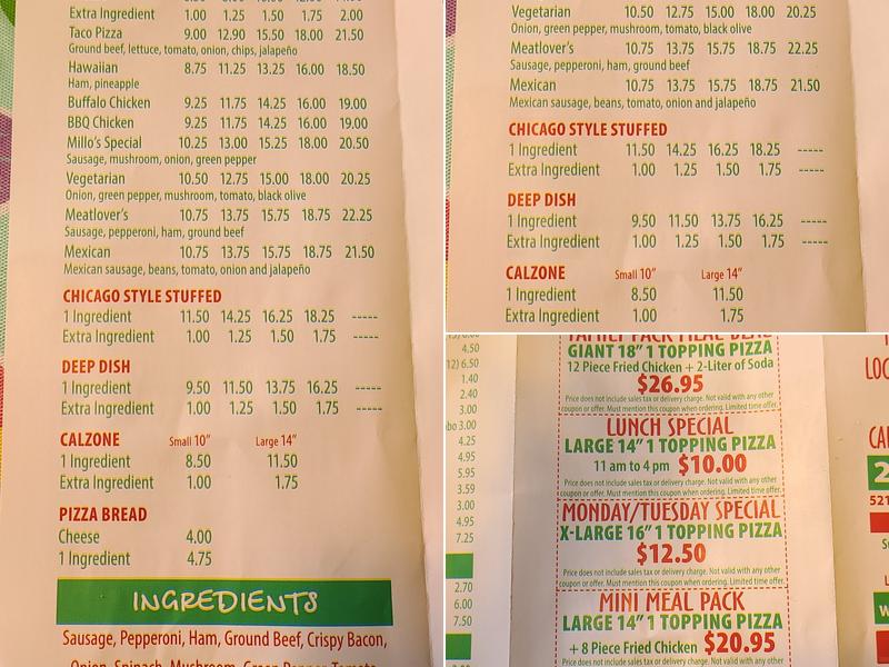 Millo's Pizzeria Menu