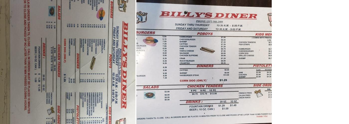 Billy's Diner Menu