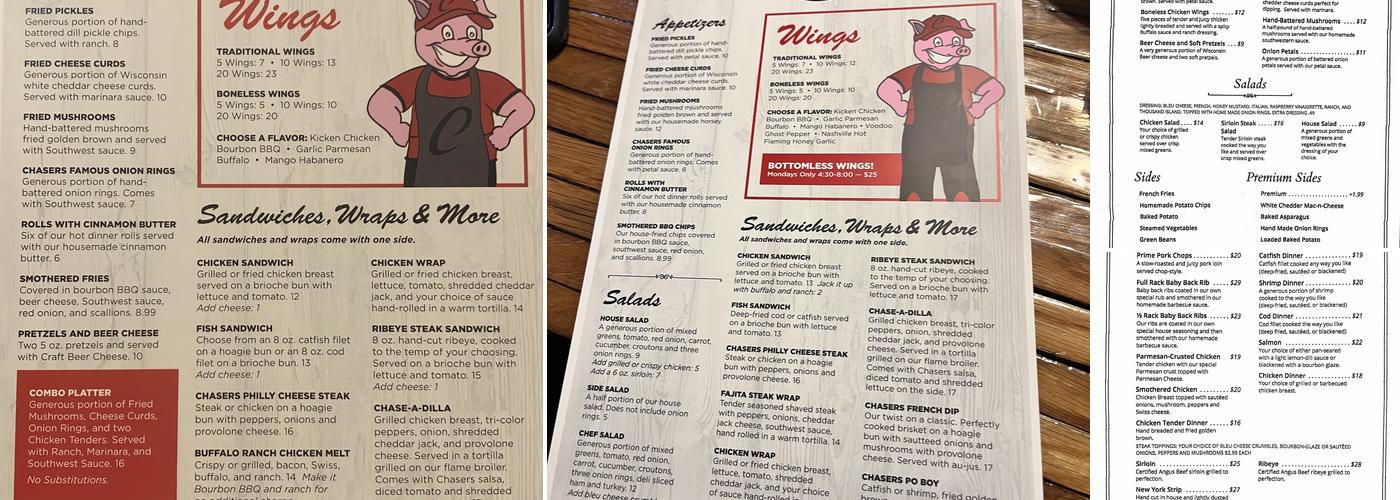 Chasers Restaurant Menu