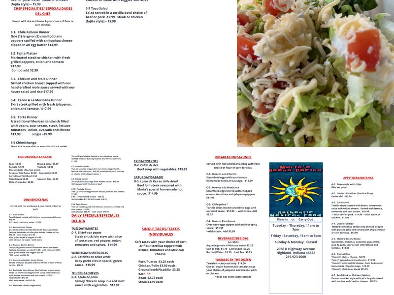 Maria's Buena Cocina Menu